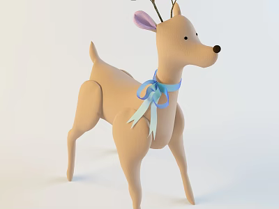 Light Brown Stuffed Deer Doll With Antlers And Blue Ribbon Detail 3d model