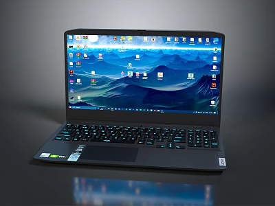 Sleek Modern Laptop Showing Bright Display Multiple App Icons Mountain Wave Wallpaper And Backlit Keyboard 3d model
