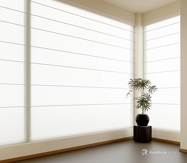 White Roman Blinds In Modern Bright Room With Potted Plant On Black Stand 3d model 