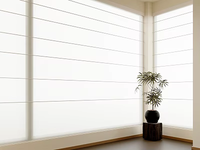 White Roman Blinds In Modern Bright Room With Potted Plant On Black Stand 3d model