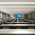 Modern Conference Room Interior With Long Tables Projection Screen Ceiling Lights And Windows 3d model