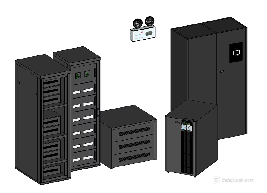Professional Black Server Racks And Network Cabinets With IT Equipment And Control Panel 3d model 