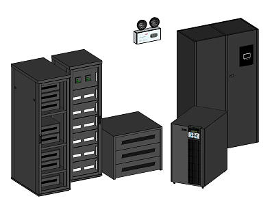 Professional Black Server Racks And Network Cabinets With IT Equipment And Control Panel 3d model
