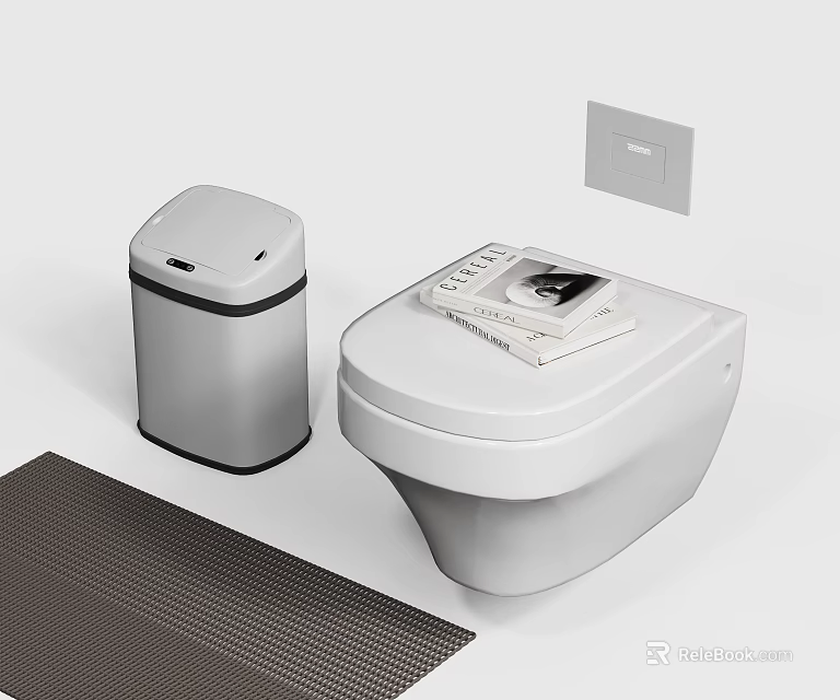Modern Toilet with Sleek Design Trash Bin Bath Mat and Wall Panel in Minimalist Setup 3d model 