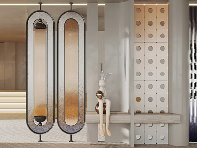 Modern Glass Partition With Metal Frames And Decorative Sculpture In Interior Design 3d model