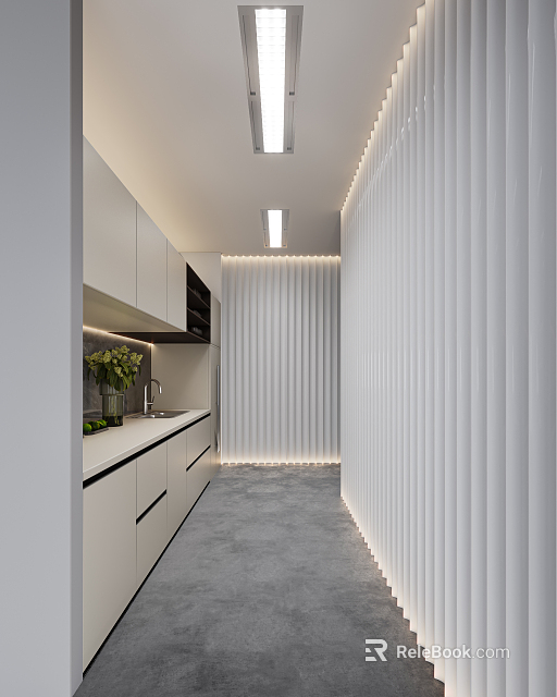 Modern Pantry Interior With White Cabinets Vertical Slat Wall Light Strips And Green Plants 3d model 