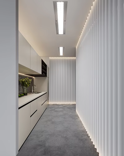 Modern Pantry Interior With White Cabinets Vertical Slat Wall Light Strips And Green Plants 3d model