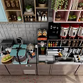 Modern Kitchen Functional Table With Storage Shelves Appliances And Green Plants 3d model