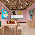 School Interior With Blue Beige Walls ROBTMAN Sign Wooden Tables And Stools