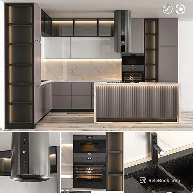 Stylish Modern Kitchen Interior With Gray White Cabinets Sleek Countertop And Soft Lighting 3d model 