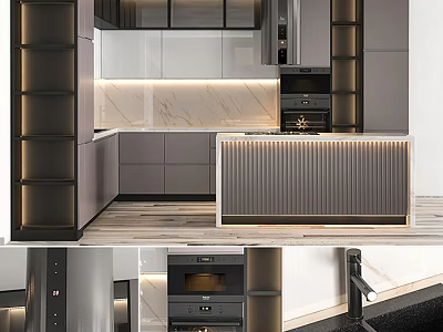 Stylish Modern Kitchen Interior With Gray White Cabinets Sleek Countertop And Soft Lighting 3d model