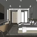 Modern Hotel Room Interior Design With Comfortable Bed Pillows Desk Chair TV And Rug