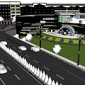 Modern Commercial Street With Multi Story Buildings Trees Vehicles And Crosswalks