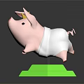 Cute 3D Pig Model With Golden Crown On Green Polygonal Base