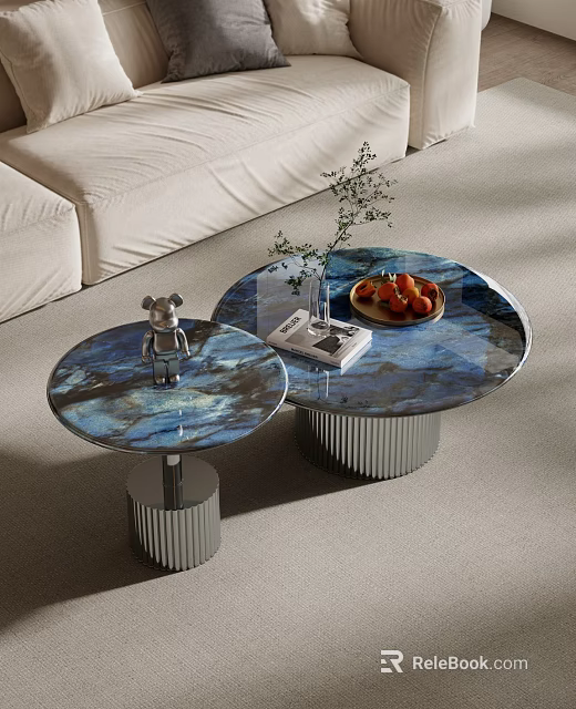 Round Blue Marble Coffee Tables With Silver Ribbed Bases And Decorative Figurine Plant Fruit Plate 3d model 