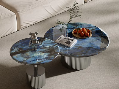 Round Blue Marble Coffee Tables With Silver Ribbed Bases And Decorative Figurine Plant Fruit Plate 3d model