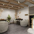 Warm Café Interior Design With Wooden Beams Staircase And Rattan Decor