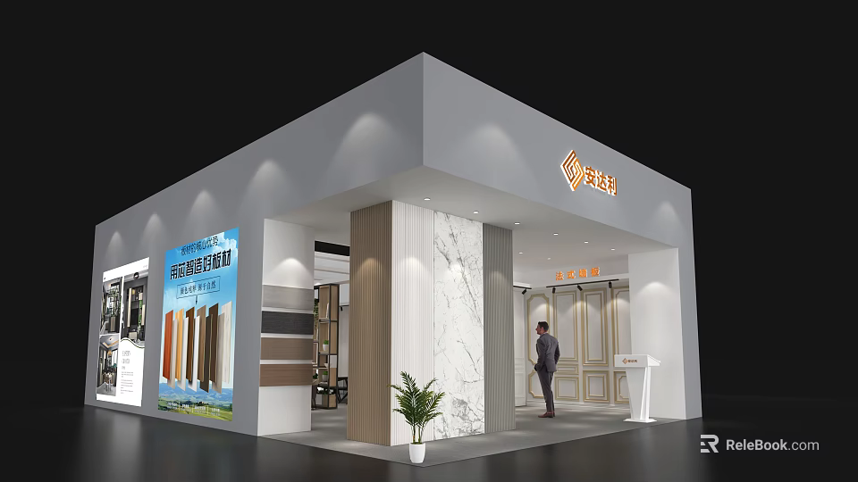 Ouluosha Modern Exhibition Booth With White Exterior Marble Decor And Product 3d model 