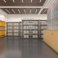 Server Room Interior With Yellow Racks Gray Servers Wooden Ceiling And Metal Shelves