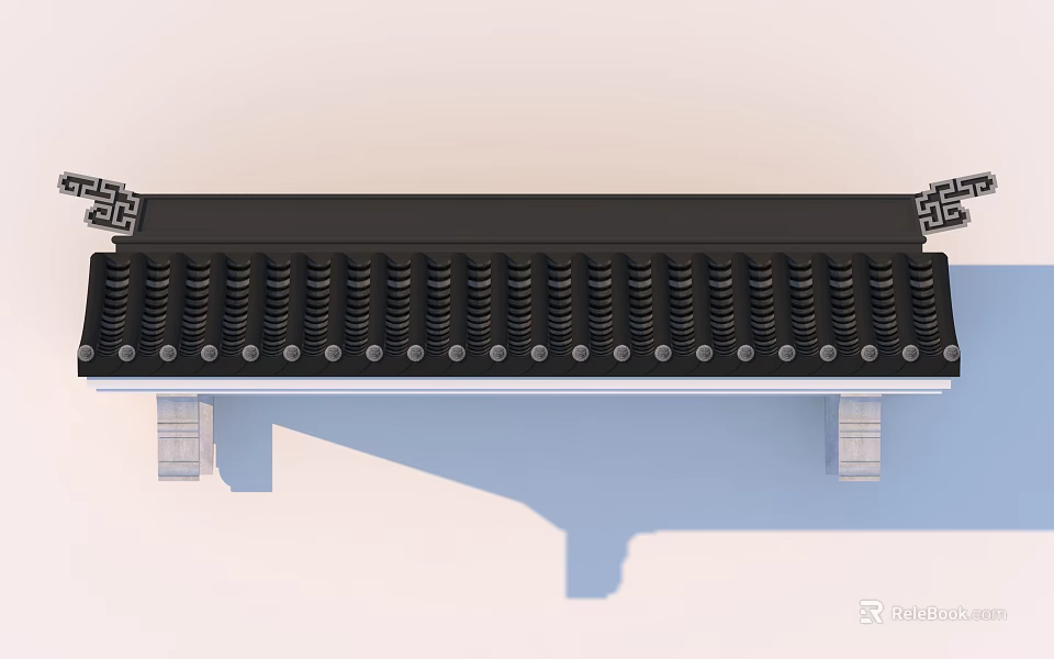 Building Exterior Wall with Black Roof Wavy Tiles Side Decorations and Support Structures 3d model 