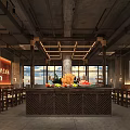 Japanese Ramen Restaurant Interior With Wooden Tables and Stools Wheat Decorations Brick Wall Hanging Lanterns