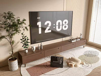 Modern TV Stand With TV Decorative Plants Drawers Area Rug And Window Blinds 3d model