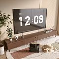 Modern TV Stand With TV Decorative Plants Drawers Area Rug And Window Blinds