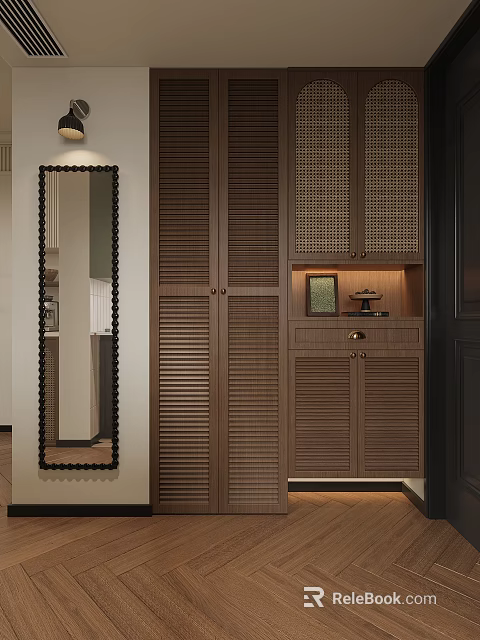 Modern Entryway Interior With Wooden Cabinets Decorative Mirror And Shelf Lighting 3d model 