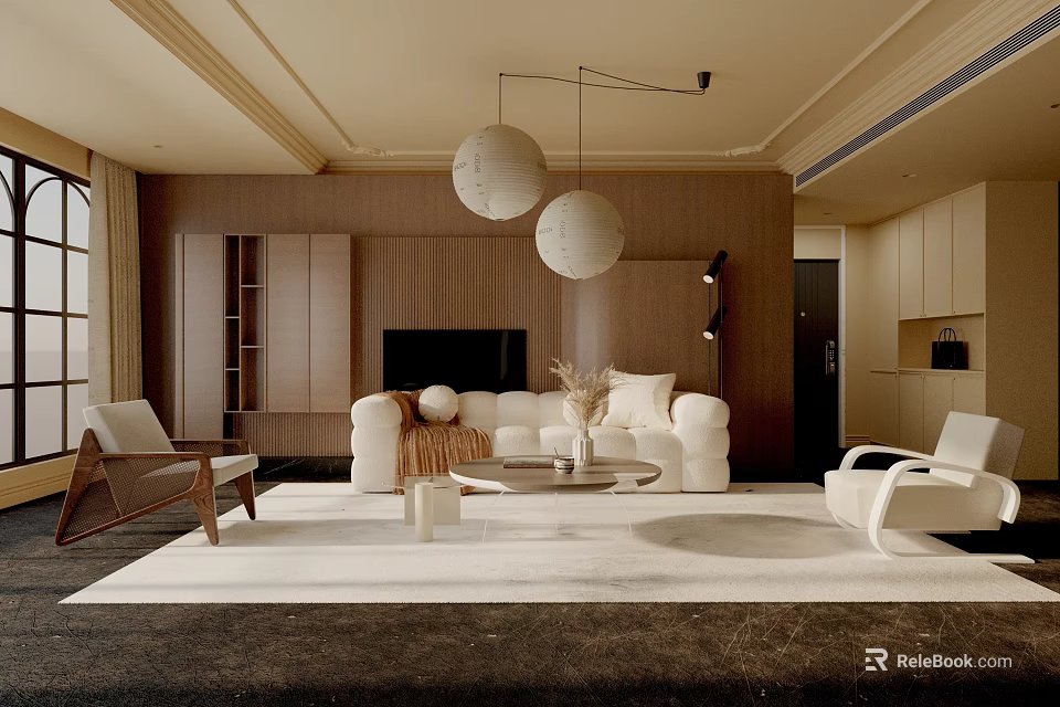 Modern Living Room Interior With White Sofa Two Chairs Round Pendant Lights Wooden Accent Wall 3d model 