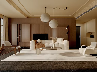 Modern Living Room Interior With White Sofa Two Chairs Round Pendant Lights Wooden Accent Wall 3d model