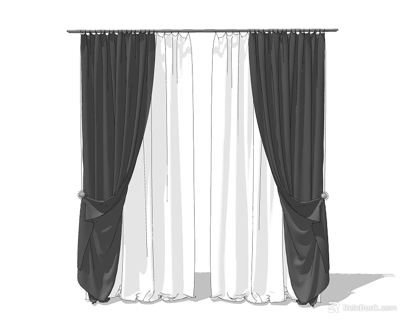 Black and White Layered Curtains with Tied Back Design for Home Window Decor 3d model 