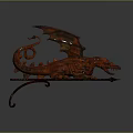 Reddish Brown Dragon Sculpture With Curled Tail And Detailed Wings On Metal Stand