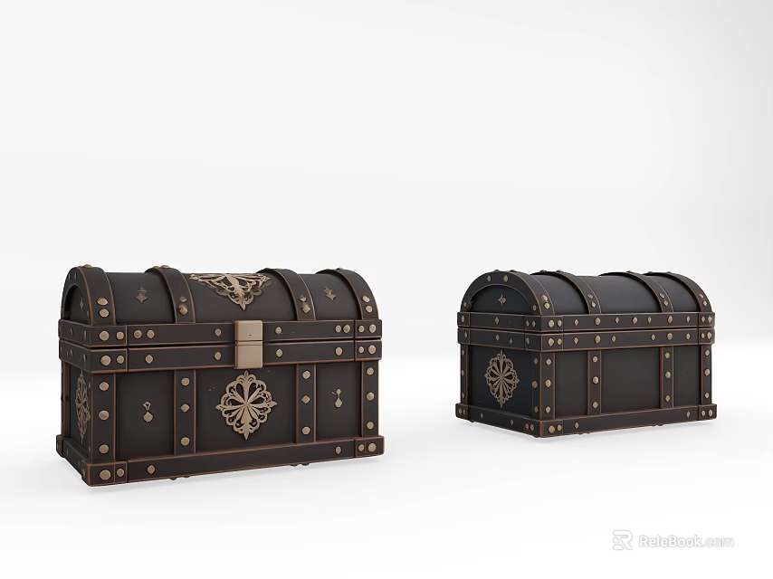 Vintage Black Chests With Metal Rivets Ornate Patterns And Classic Locks Design 3d model 