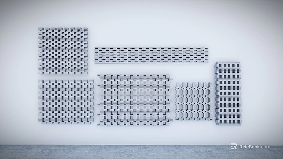 Decorative Grille Panels In Various Patterns On White Wall With Gray Floor 3d model