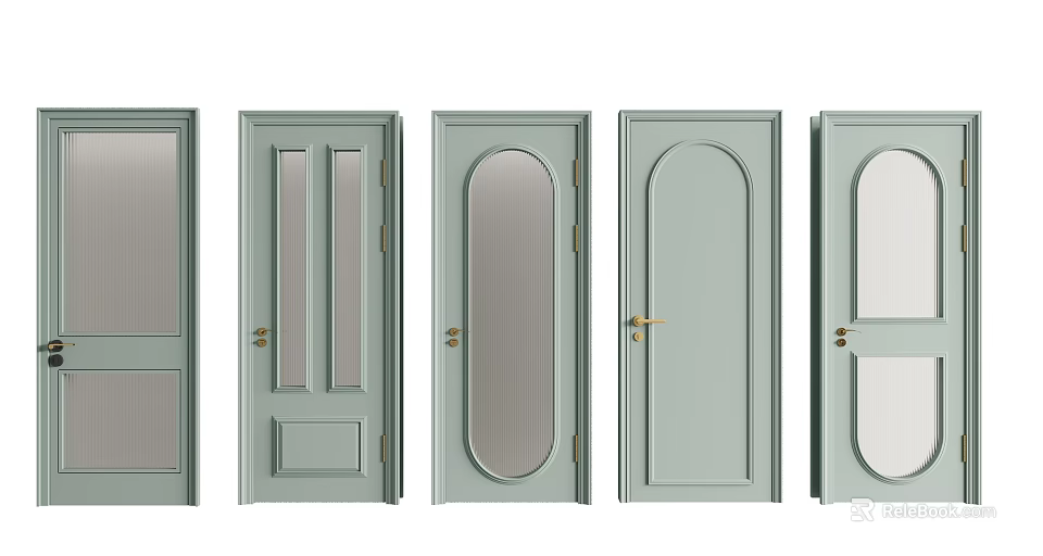 Stylish Light Green Wooden Swing Doors With Glass Panels And Modern Designs 3d model 