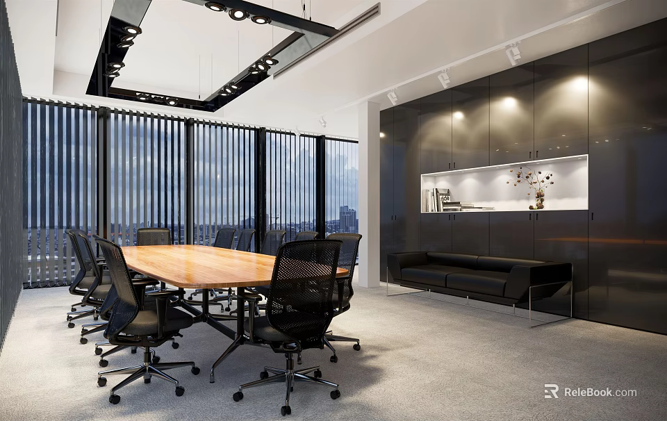 Modern Conference Room Interior With Long Wooden Table Black Office Chairs And Floor-to-Ceiling Windows 3d model 