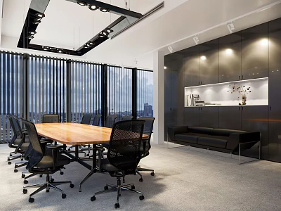 Modern Conference Room Interior With Long Wooden Table Black Office Chairs And Floor-to-Ceiling Windows 3d model