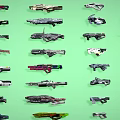 Various Designed Weapons with Different Styles Arranged Neatly on Green Background