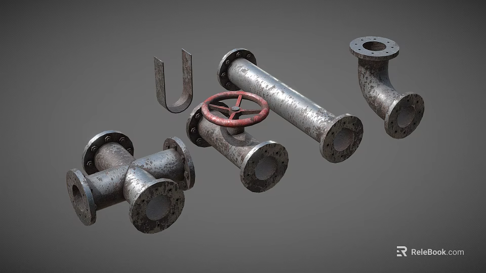 Different Types of Industrial Metal Pipes with Elbows Tees Valves and Fittings 3d model 