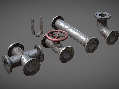 Different Types of Industrial Metal Pipes with Elbows Tees Valves and Fittings 3d model