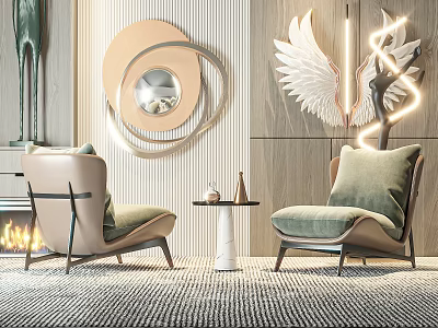 Modern Living Room Featuring Comfortable Leisure Chairs Circular Mirror Wing Decor And Fireplace 3d model