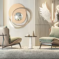 Modern Living Room Featuring Comfortable Leisure Chairs Circular Mirror Wing Decor And Fireplace