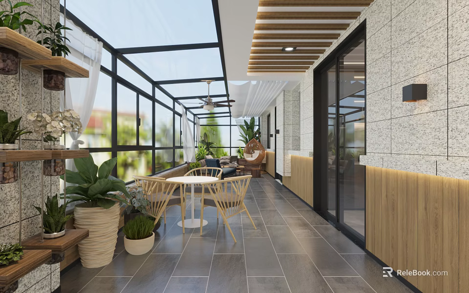 Modern Villa Balcony With Glass Roof Potted Plants And Wooden Outdoor Furniture 3d model 