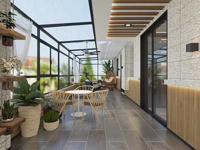 Modern Villa Balcony With Glass Roof Potted Plants And Wooden Outdoor Furniture 3d model