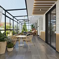 Modern Villa Balcony With Glass Roof Potted Plants And Wooden Outdoor Furniture
