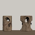 Natural Textured Wooden Floor Lamps With Unique Hole Design And Exposed Bulbs On Wooden Floor