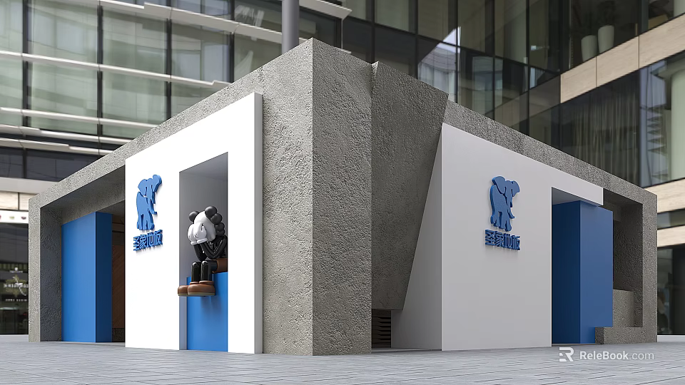 Contemporary Retail Store Featuring Modern Architecture Panda Doll And Blue Logo 3d model 