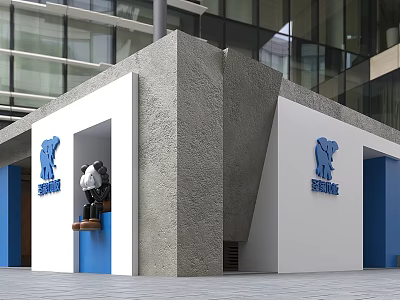 Contemporary Retail Store Featuring Modern Architecture Panda Doll And Blue Logo 3d model