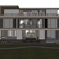 Modern Detached Villa Exterior Design Featuring Gray Concrete Wooden Elements Large Windows And Balcony