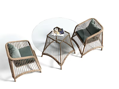 Outdoor Table With Round Glass Top And Rattan Chairs For Patio Seating Set 3d model